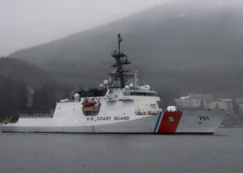 The USCGC Waesche sailing in Alaska on an overcast day.