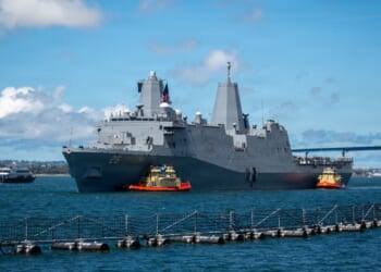The USS John P. Murtha returning to San Diego with the four Artemis II astronauts onboard.