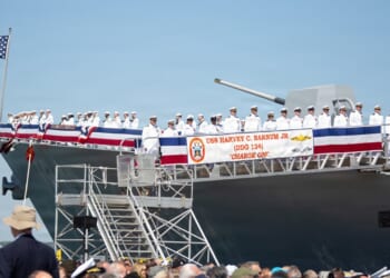 The USS Harvey C. Barnum Jr. destroyer seen during her commissioning ceremony.