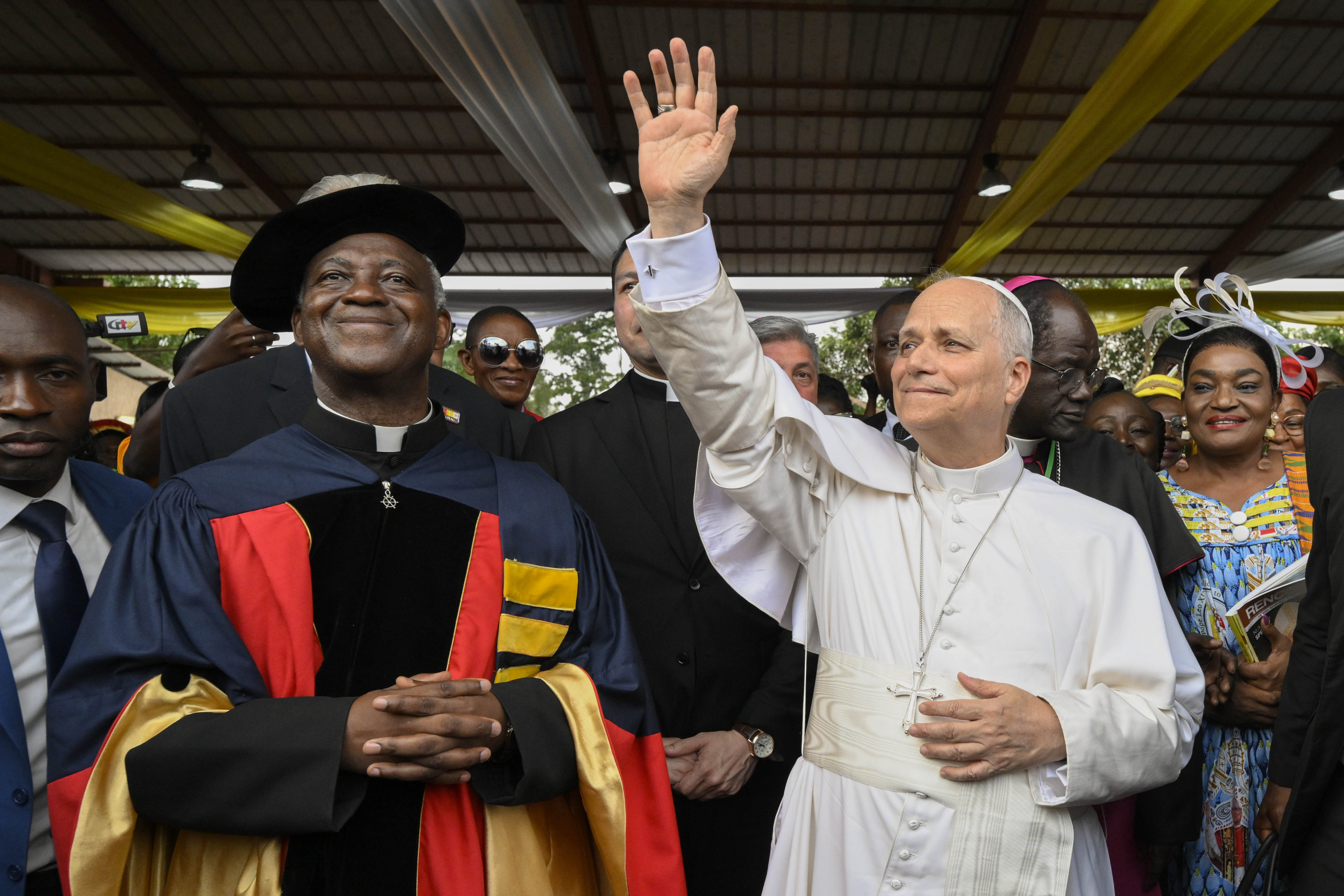 Pope Leo XIV addresses students, faculty, and others during a visit to the Catholic Academic Institution of Central Africa (UCAC) in Yaoundé, Cameroon, on April 17, 2026. | Credit: Vatican Media