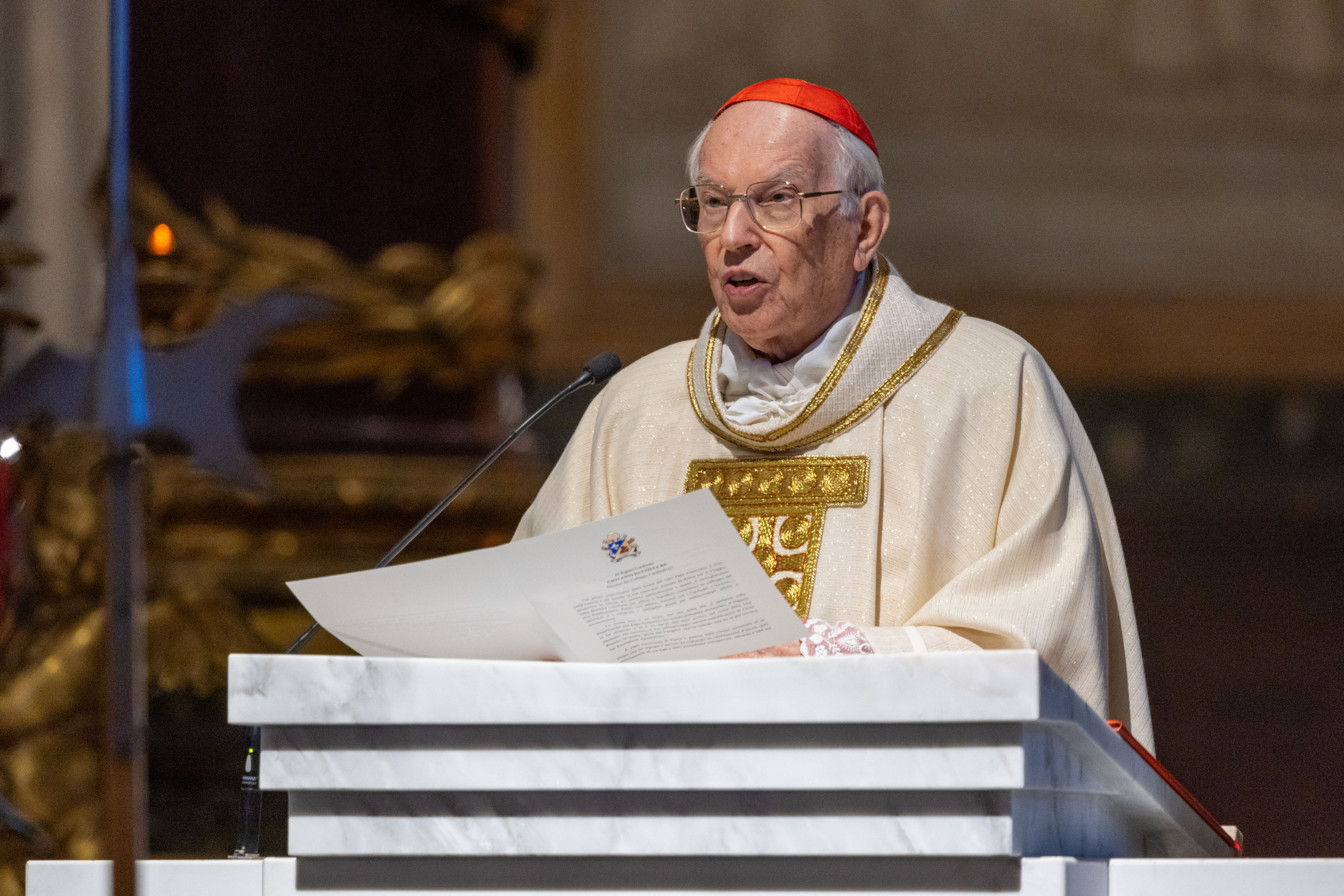 Cardinal Giovanni Battista Re, dean of the College of Cardinals, preaches at Mass for the first anniversary of the death of Pope Francis at the Basilica of St. Mary Major in Rome on April 21, 2026. | Credit: Daniel Ibanez/EWTN News