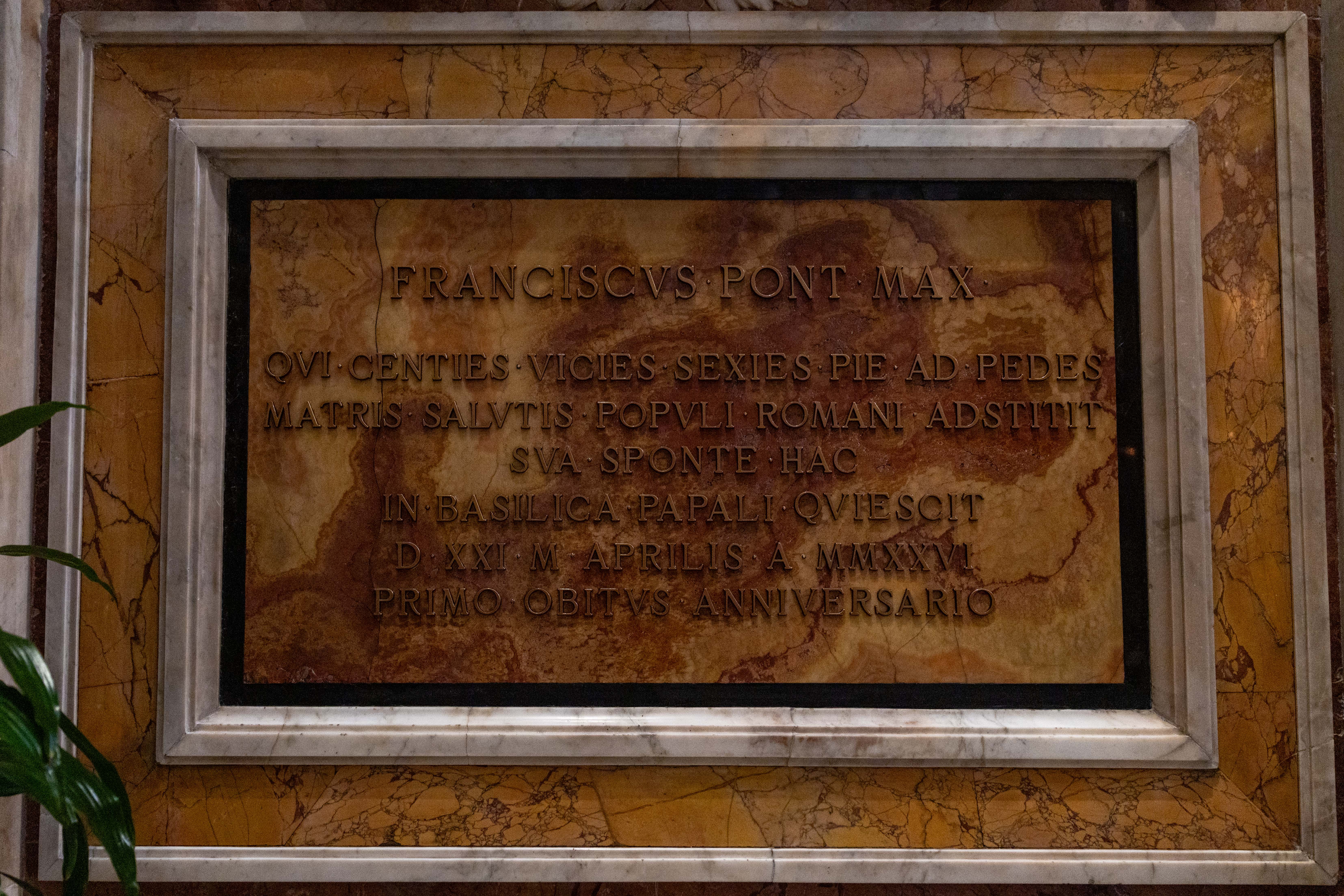 A special plaque commemorating the visits of Pope Francis to the Marian icon “Salus Populi Romani” is displayed at the Basilica of St. Mary Major in Rome on April 21, 2026. | Credit: Daniel Ibanez/EWTN News