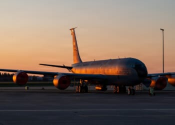 A KC-135 Stratotanker tanker aircraft on a runway near Pittsburgh, Pennsylvania.