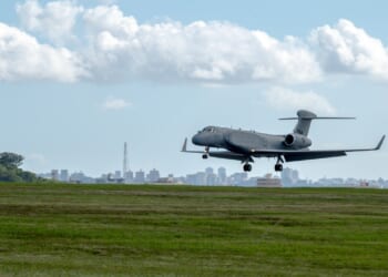 An EA-37B Compass Call aircraft on landing approach.