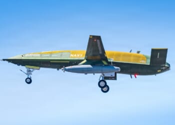 An MQ-25A Stingray drone in flight.