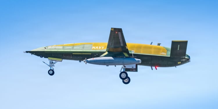 An MQ-25A Stingray drone in flight.