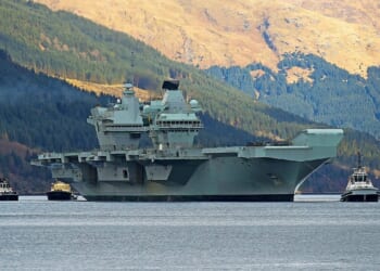 HMS Queen Elizabeth aircraft carrier at sea near Scotland.