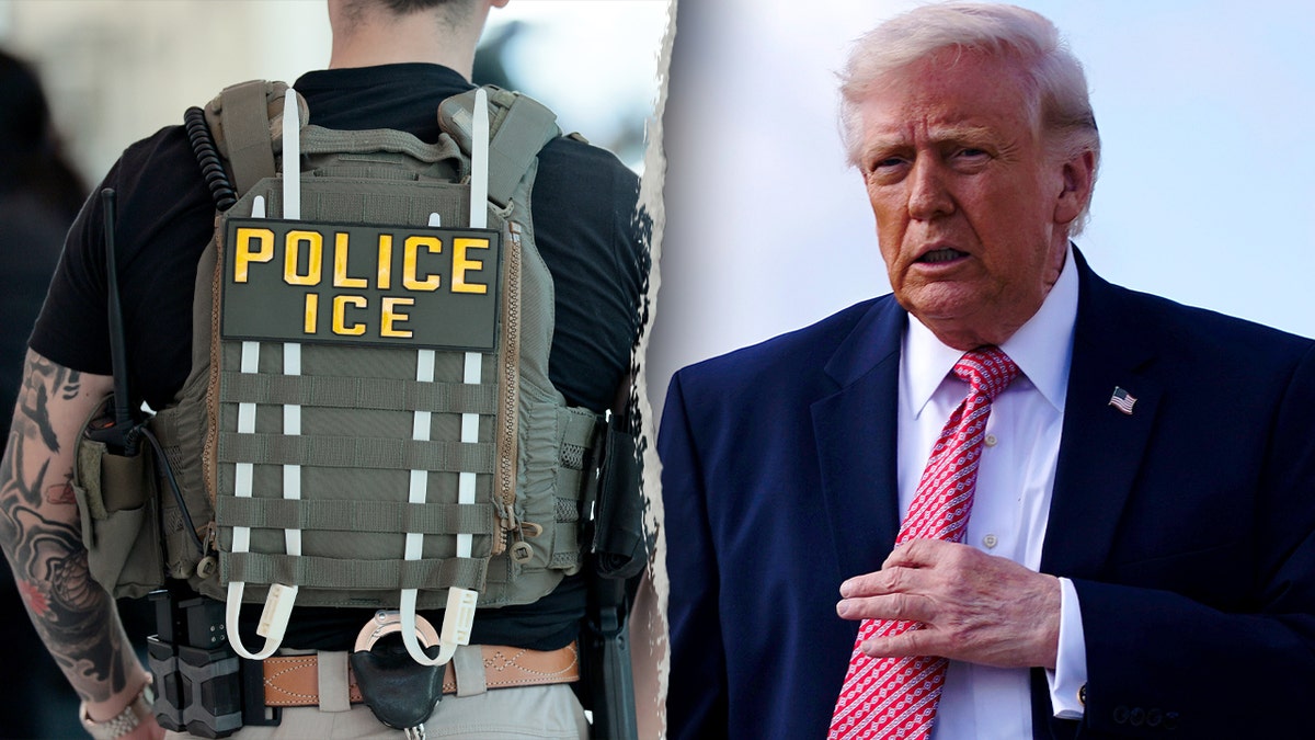 Donald Trump walking on an airport tarmac and ICE agents patrolling a terminal.
