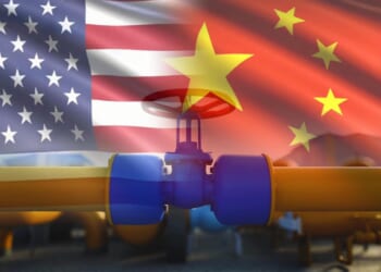 Illustration of an industrial gas pipeline in front of the flags of the United States and China.