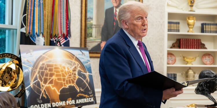 President Donald Trump announces the "Golden Dome" missile defense initiative in 2025.