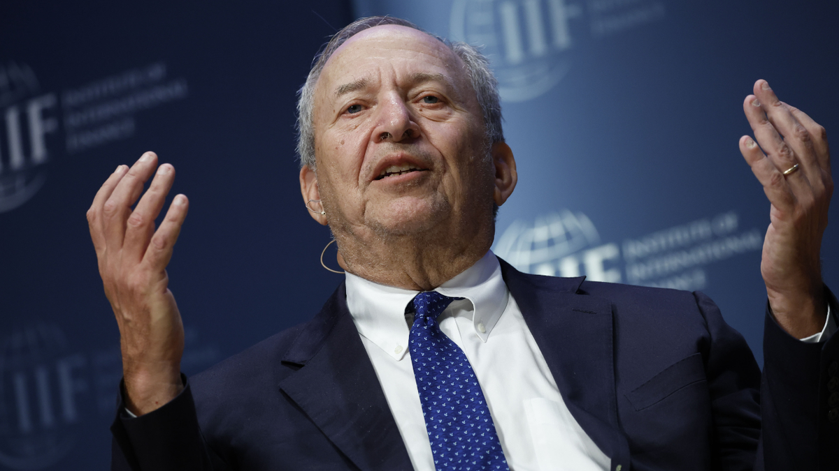 Lawrence Summers is seen speaking to an audience in Washington, DC, US, on Oct. 14, 2022. 