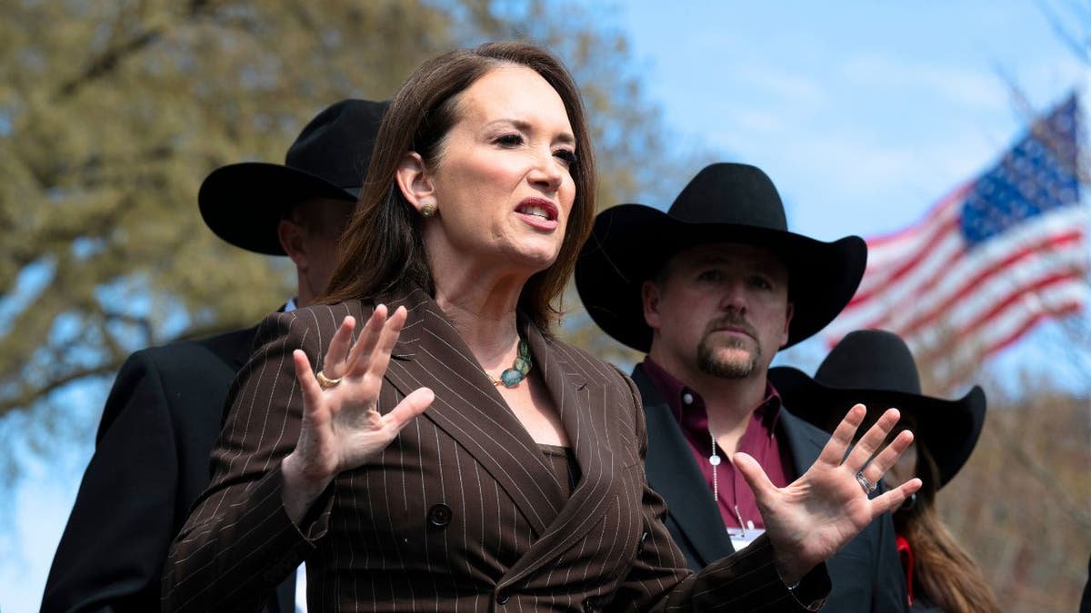 Agriculture Secretary Brooke Rollins speaks outdoors with American flag behind her