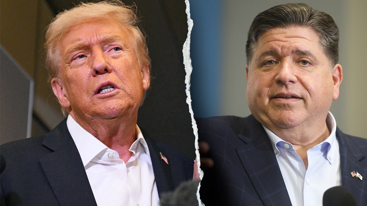 President Donald Trump speaking aboard Air Force One and Illinois Gov. J.B. Pritzker speaking at separate events