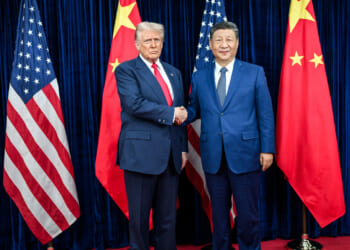 President of the United States Donald Trump greets General Secretary of the Chinese Communist Party Xi Jinping before a bilateral meeting in South Korea, October 30, 2025.