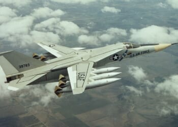 An F-111 Aardvark in flight over the western United States.