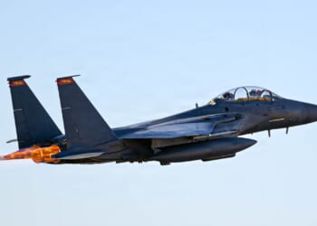 A US Air Force F-15E Strike Eagle in flight.
