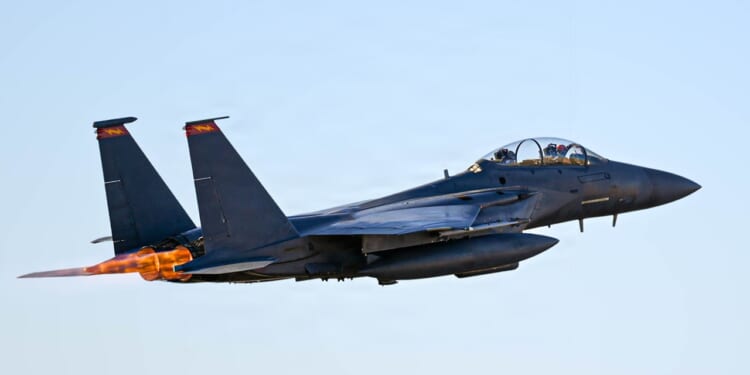 A US Air Force F-15E Strike Eagle in flight.