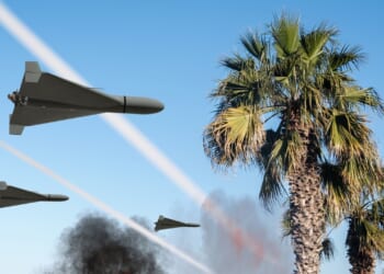 A group of Iranian Shahed kamikaze drones seen over palm trees.
