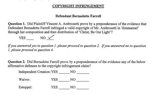 A portion of the jury’s findings in the case Ambrosetti v. Oregon Catholic Press and Farrell. | Credit: Excerpts from the official court record of U.S. District Court in the District of Oregon, Portland Division, case 3:21-cv-00211-IM, obtained by EWTN News