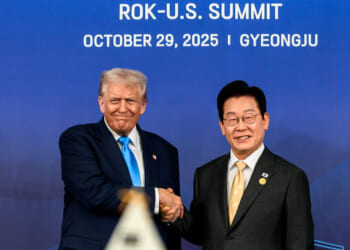 US President Donald Trump participates in a working bilateral lunch meeting with South Korean President Lee Jae Myung, October 2025, at the Gyeongju National Museum in Gyeongju, South Korea.