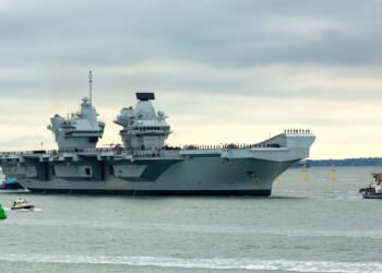 The HMS Prince of Wales aircraft carrier at sea.