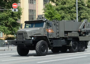 A Russian TOS-2 Tosochka heavy flamethrower during a parade.