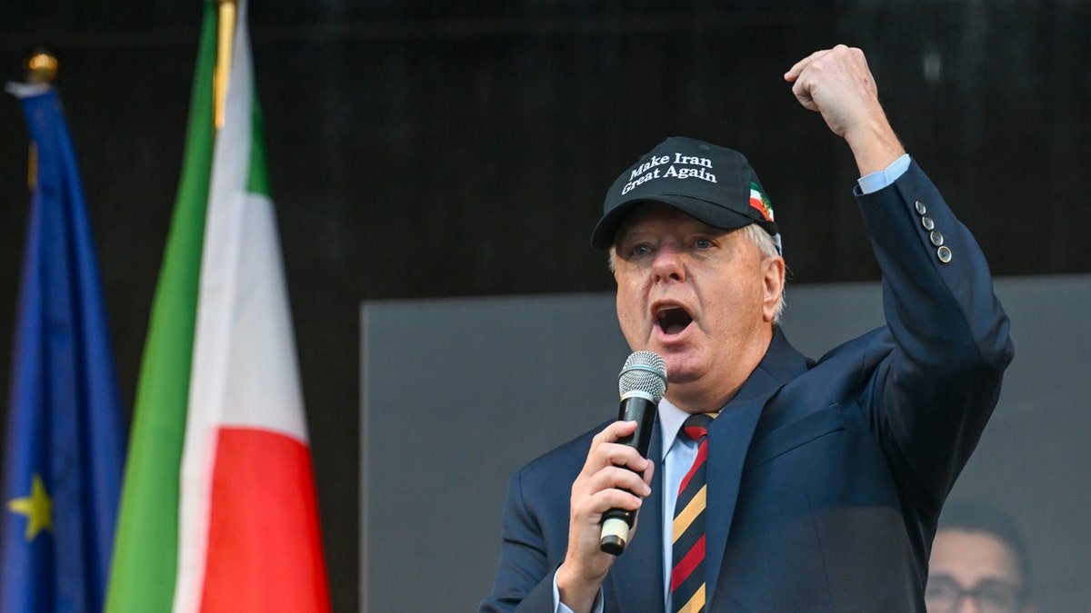 Sen. Lindsey Graham speaking at a demonstration for human rights in Iran at Theresienwiese