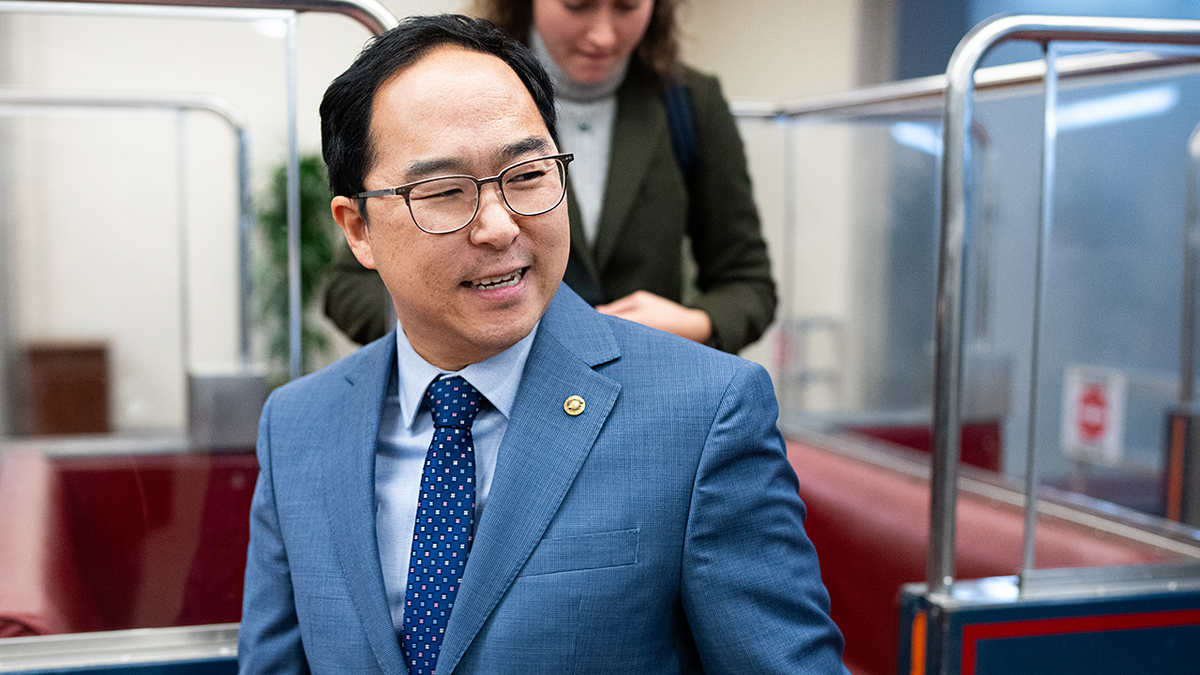 Sen. Andy Kim arriving on the Senate subway in the Capitol