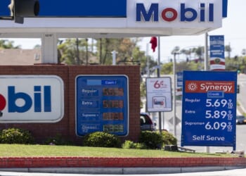 Gas prices at a Mobil station in Yorba Linda, California, March 12, 2026.