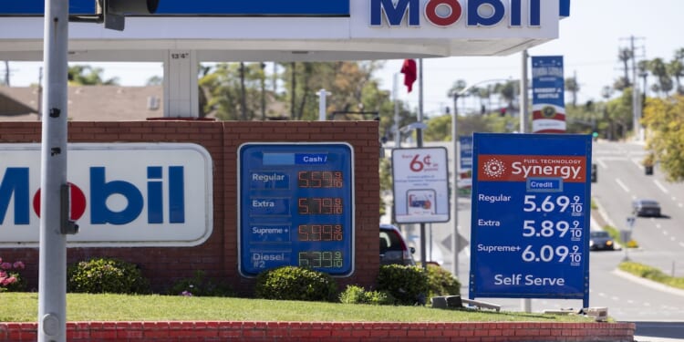 Gas prices at a Mobil station in Yorba Linda, California, March 12, 2026.