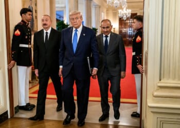Donald Trump, Ilham Aliyev, and Nikol Pashinyan together at the White House.