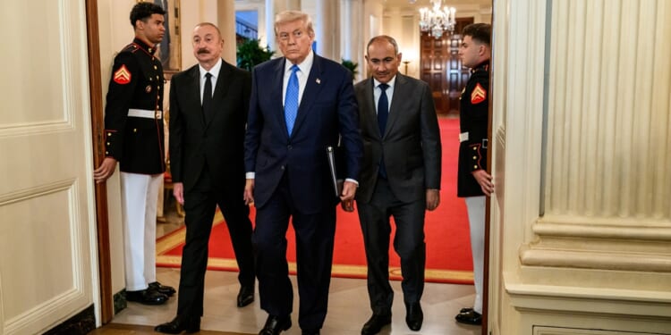 Donald Trump, Ilham Aliyev, and Nikol Pashinyan together at the White House.