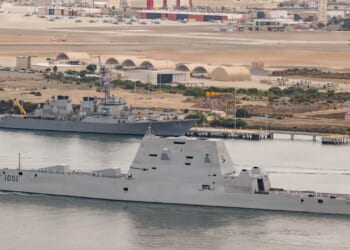 A Zumwalt-class destroyer anchored near San Diego, California.