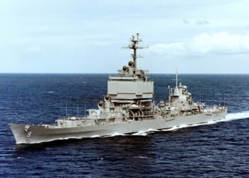 The USS Long Beach nuclear-powered cruiser at sea.