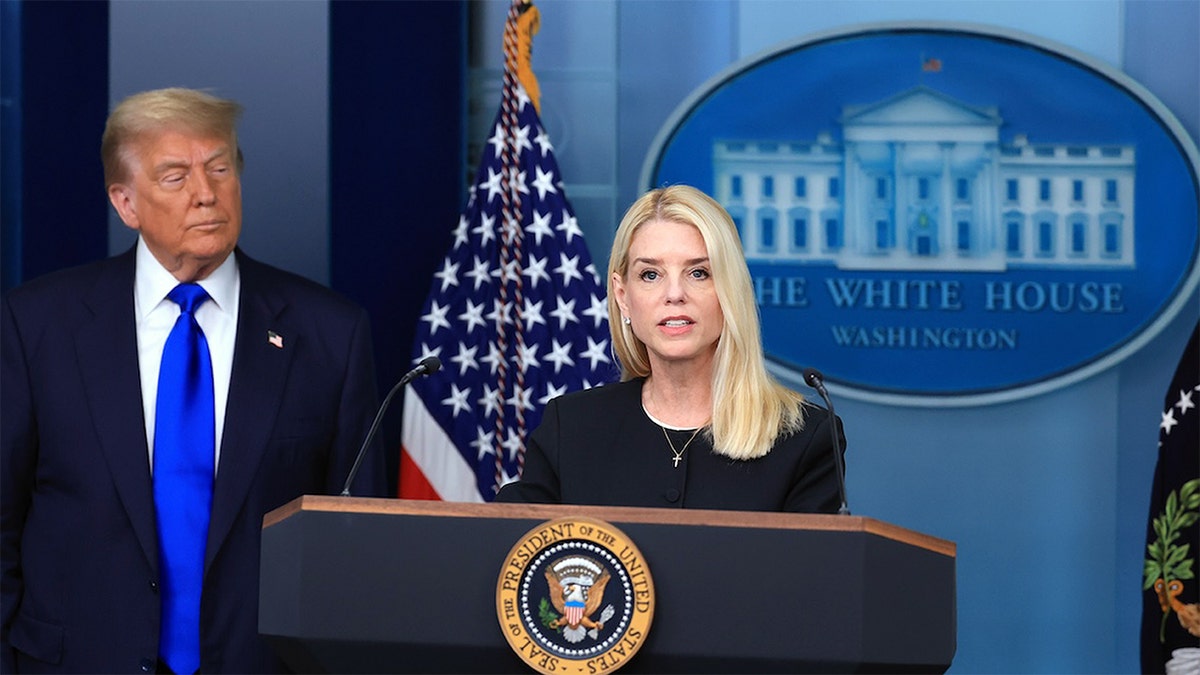 U.S. Attorney General Pam Bondi speaks alongside President Donald Trump at a White House press briefing in this 2025 photo. (Getty Images)