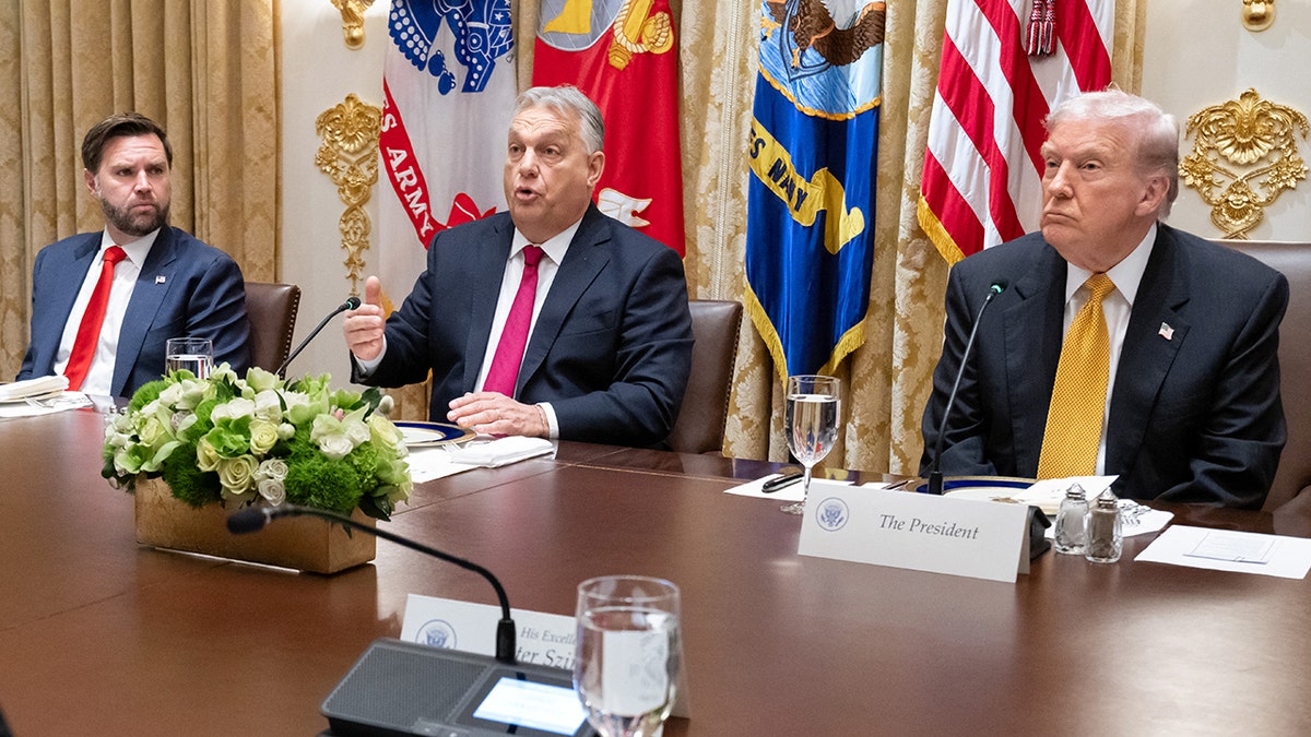 Hungarian Prime Minister Viktor Orban flanked by U.S. Vice President JD Vance and President Donald Trump