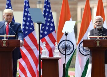 Donald Trump and Narendra Modi giving a press conference together.