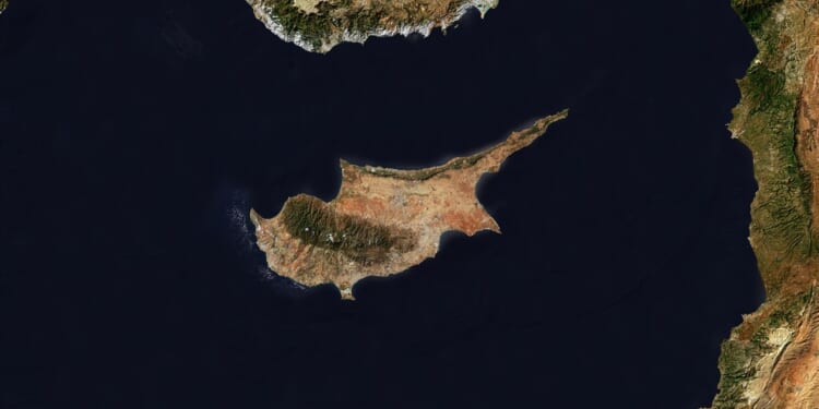 A satellite view of the island of Cyprus in the eastern Mediterranean.